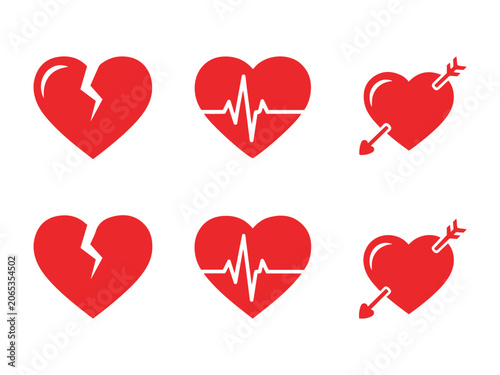 Red heart symbols with cardiogram and cupid's arrow during Valentine's Day concept Isolated on white background