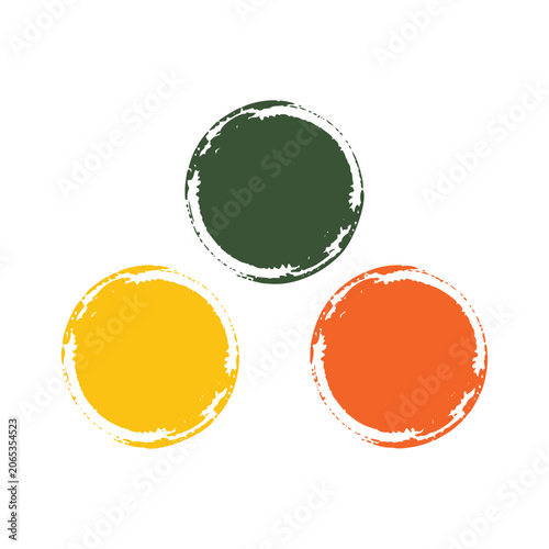 Three textured circles green yellow orange on white background