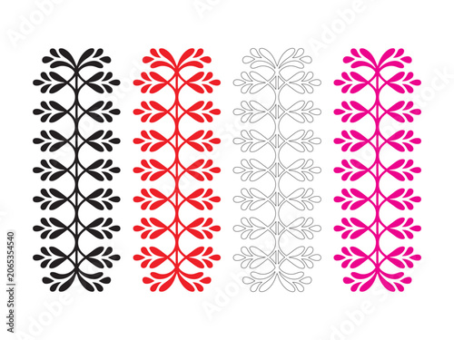 Four vertical floral borders with symmetrical leaf patterns in black, red, outline, and pink