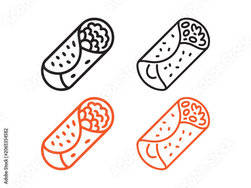 Set of four burrito in black and orange outline style taco wrap food