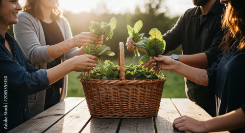 Group of friends gathers around a rustic wooden table to share a freshly harvested basket of organic vegetables during a sunny afternoon in the countryside.