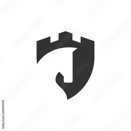 A black silhouette of a horse head within a shield.