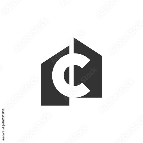 A black and white logo featuring a house shape with a large letter C