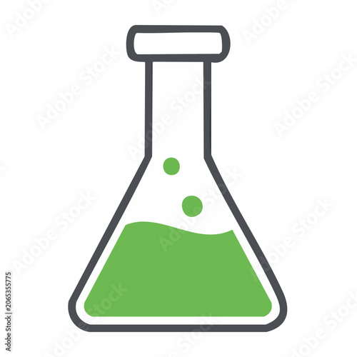 Green laboratory flask with liquid and bubbles icon