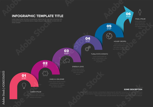 Professional 6 step infographic template featuring a colorful rising arrow process. This modern infographic template shows a clear growth process and success layout for business.