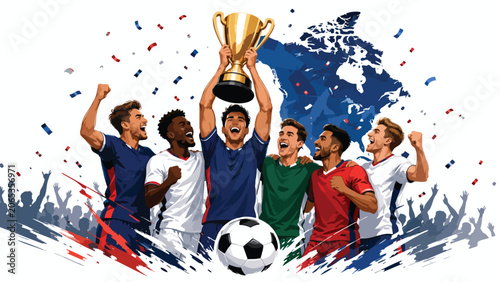 North America football players celebrating Soccer Championship Background with trophy and confetti