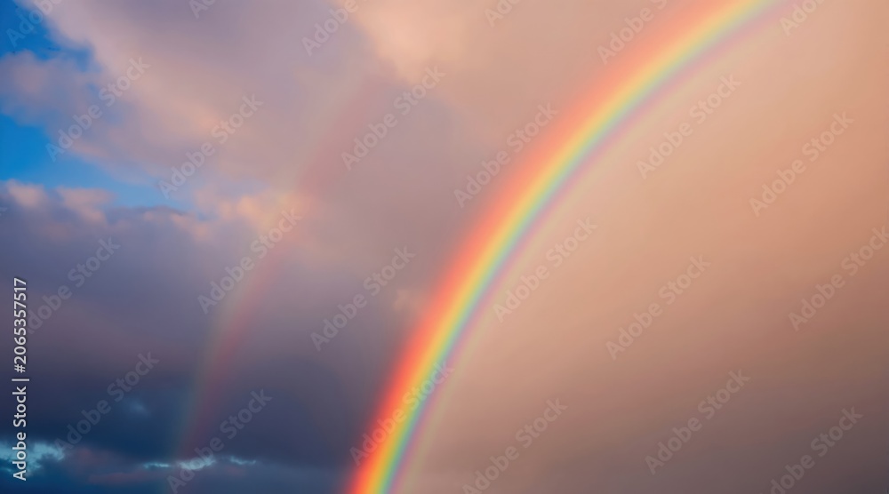 Obraz premium Bright rainbow curves across a cloudy sky, with sunlight breaking through the overcast clouds. The colourful spectrum arcs over a dramatic sky, suggesting hope after a storm.