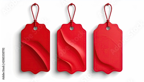Three Red Gift Tags with Curled Edges on White Background.