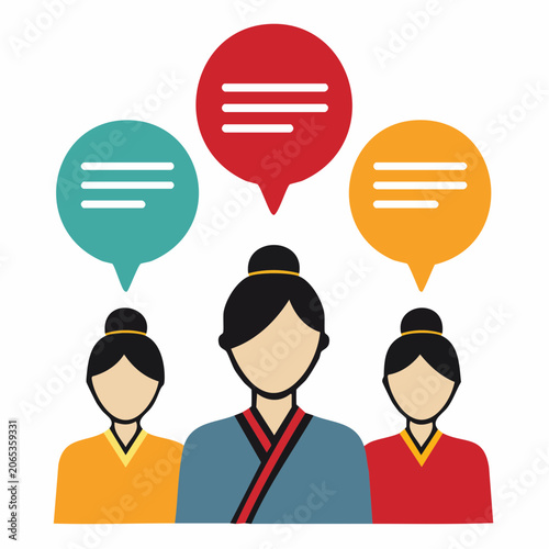 Three people with speech bubbles, representing communication