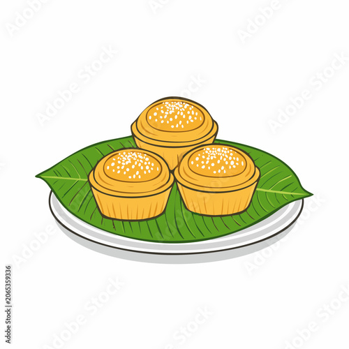 Three Sweet Pastries on Banana Leaf