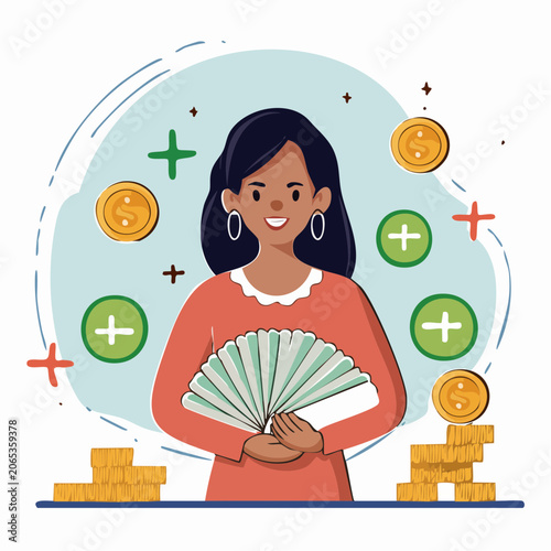Woman Holding Fan of Money with Coins and Plus Signs