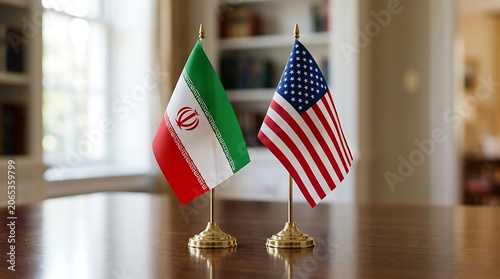 Flags of iran and the united states of america on a wooden table, symbolizing international relations and diplomacy