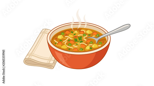 Illustration of a steaming bowl of vegetable noodle soup with a spoon and napkin