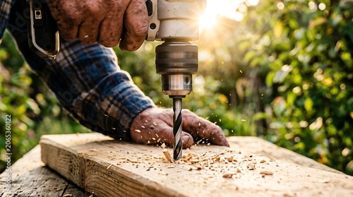 Closeup of a persons hands using a cordless drill to make a hole in a wooden plank, with sawdust flying and sunlight