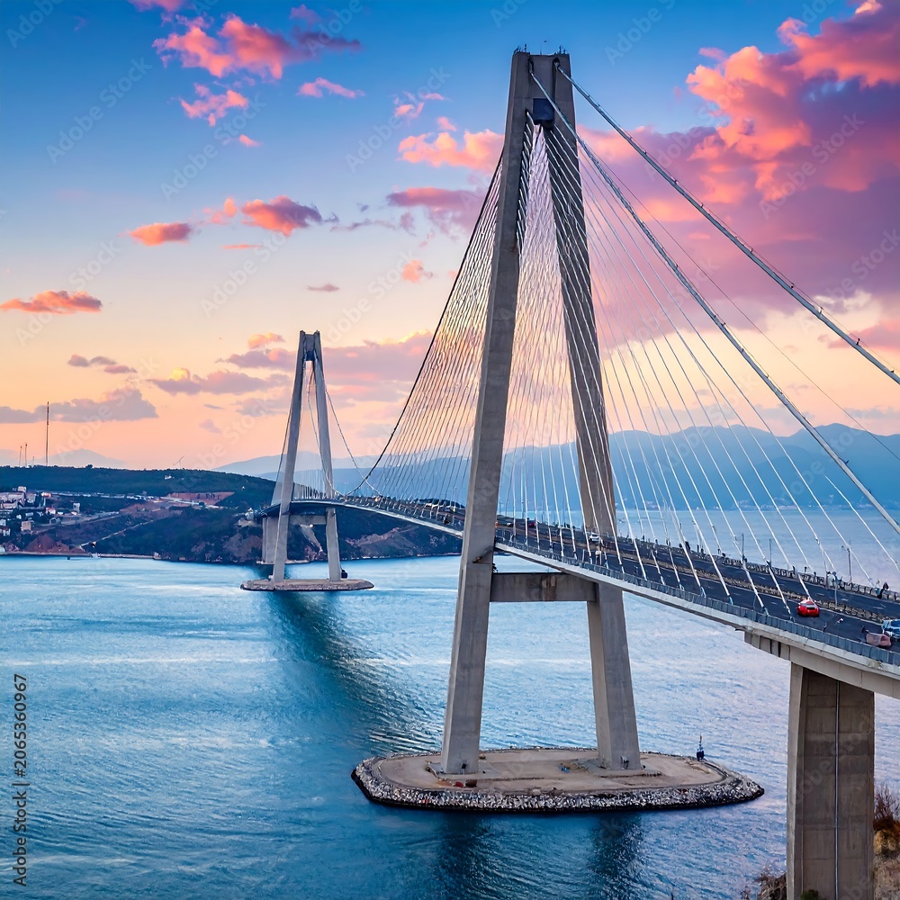 Obraz premium A large suspension bridge spans across a body of water at sunset