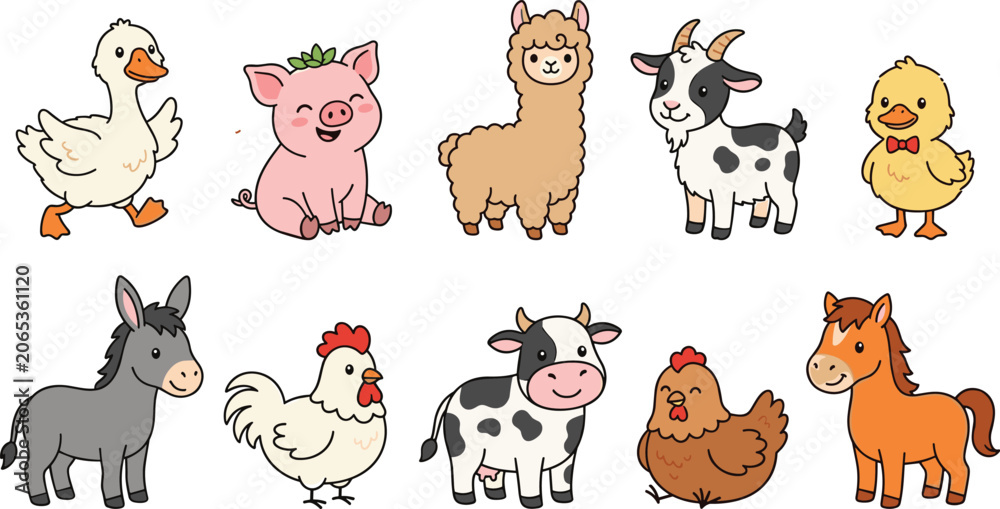 Fototapeta premium Cute farm animal cartoon collection featuring duck, pig, alpaca, goat, chick, donkey, chicken, cow, and horse characters