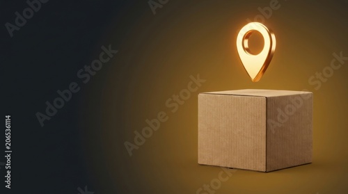 Logistics delivery box gold cardboard pin map package destination shipping tracking icon e-commerce glow location