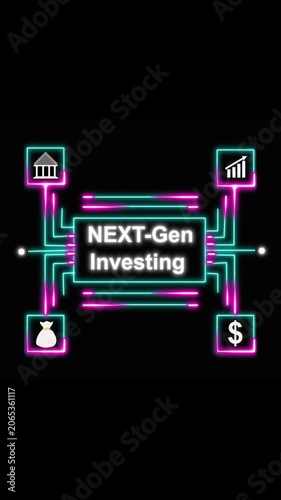 Neon network representing next-gen investing with financial icons. Next-gen investing neon network for modern finance. Next-gen investing neon network with financial icons.