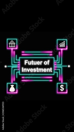 Neon network depicting future of investment with financial icons. Future of investment neon network for finance. Future of investment neon network with financial icons.
