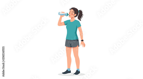 Woman athlete drinking water after intense workout showing sweat and exhaustion