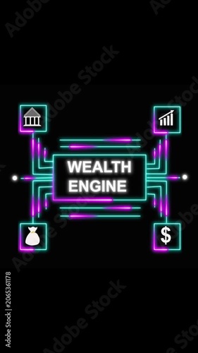 Futuristic wealth engine diagram with financial icons and neon lights. Wealth engine neon network for finance and success. Wealth engine neon network with financial icons.