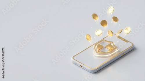 Payment finance money gold protection banking app security shield digital wallet smartphone coins isometric icon modern