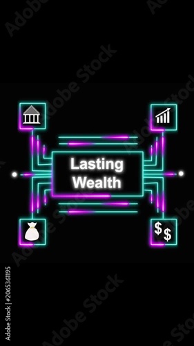 Lasting wealth concept diagram with financial icons and neon network. Lasting wealth neon network for finance and growth. Lasting wealth neon network with financial icons.