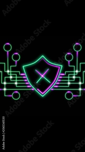 Neon Digital Security Shield with X Symbol