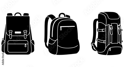 Bild auf Leinwand Black Silhouette Backpacks Displayed In Three Different Views Against White Back