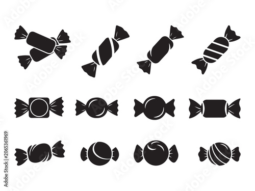 Assorted wrapped candies in vector silhouette during a celebration isolated on white background
