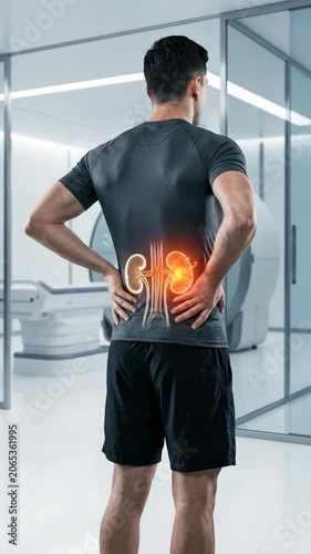 Internal organ affliction: kidney malady, disease manifestation, renal pain, back ache, human body, medical diagnosis, health concern, anatomy display, discomfort sensation, urology focus.
