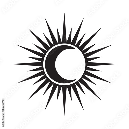 Celestial sun and moon crescent emblem with sharp rays during twilight concept with cosmic energy in a  silhouette vector isolated on white background