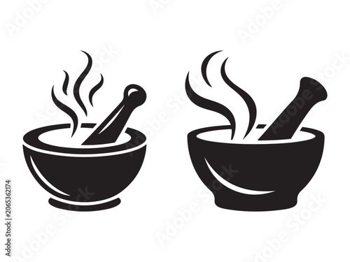 Mortar and pestle silhouettes with steam during preparation of remedies isolated on white background