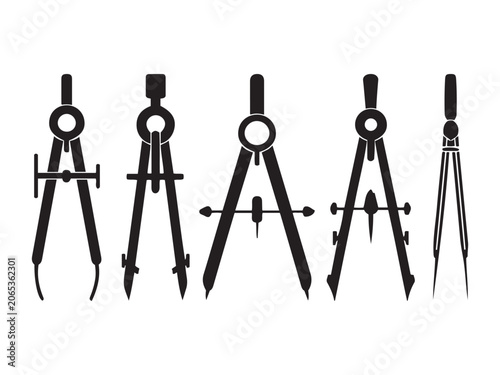 Set of drafting compasses in a row with varying designs Isolated on white background