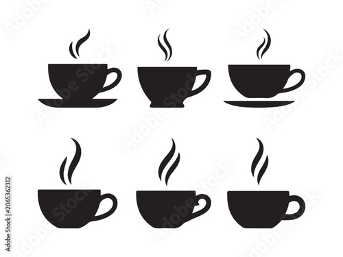Set of six black coffee cup silhouettes with rising steam