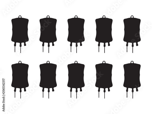Ten medical IV bags in silhouette against a clean white backdrop symbolizing health care treatments