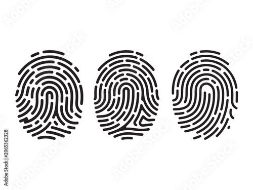 Three black fingerprint on a white background thumbprint identity identification