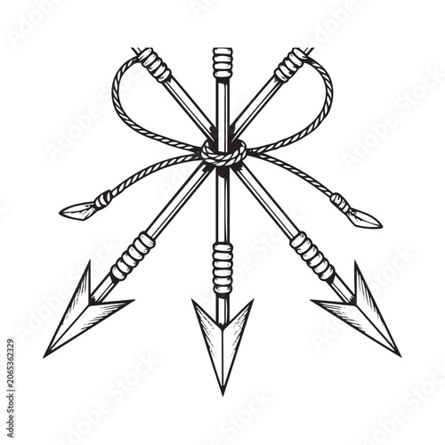 Three crossed arrows tied together with a rope knot on white background 