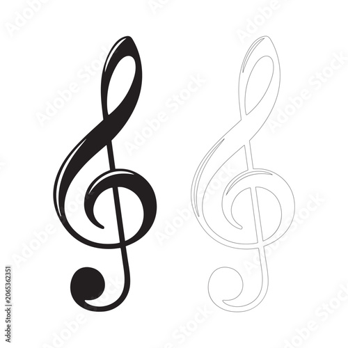 Treble clef symbols in solid and outline vector form isolated on white background