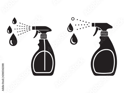 Two black spray bottle with liquid droplets and mist spray