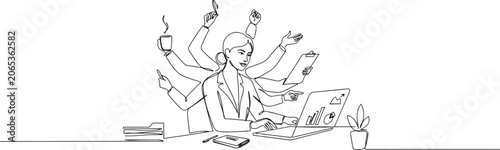 Photos A woman at laptop with many arms in single line drawing