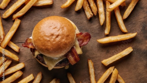 Overhead view of a burger with bacon and cheese, surrounded by golden french fries on wood