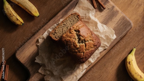 Overhead view of banana bread loaf and slices on parchment atop wooden board with bananas