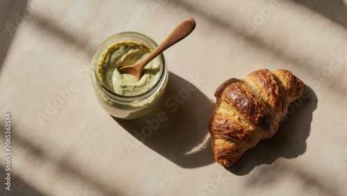 Overhead view of a jar of green spread with wooden spoon and a golden croissant on a beige surface