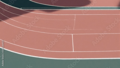 Overhead view of a running track with lanes and markings, cast in shadow