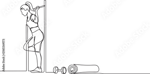 Foto Single continuous line drawing woman posing on fitness equipment