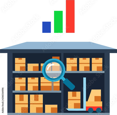 Warehouse Inventory Analysis with Magnifying Glass and Bar Graph.