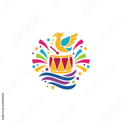 Vibrant Logo Featuring a Bird Perched on a Drum with Colorful Accents.