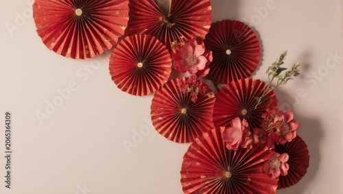 Overhead view of red paper fans and pink flowers arranged on a pale pink surface