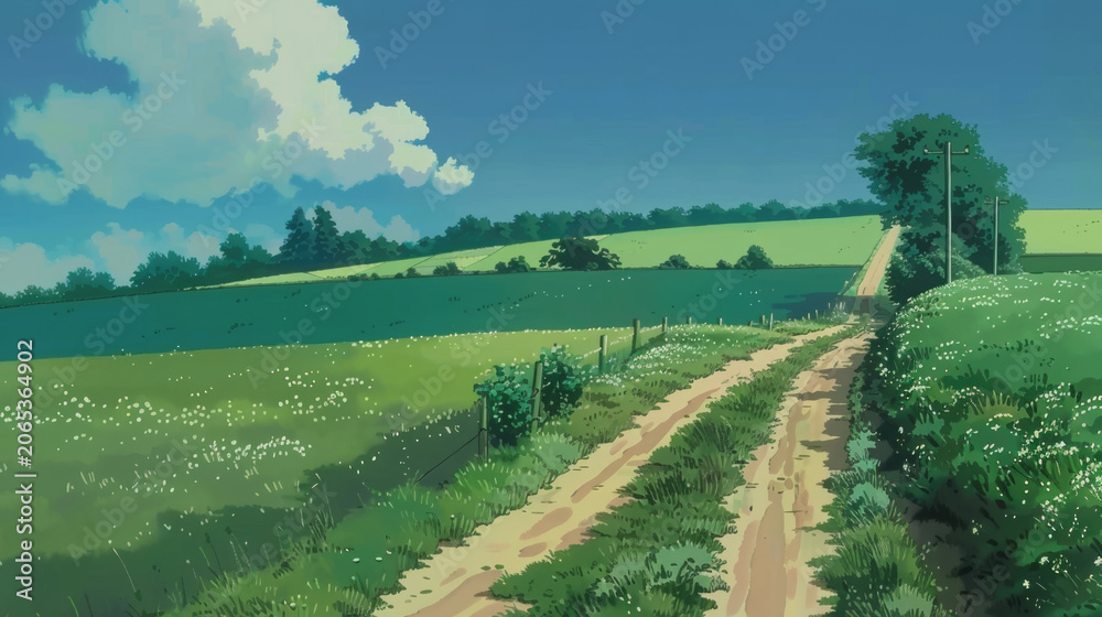 Fototapeta premium Country dirt road through green meadows under blue sky with white clouds on summer day background in anime style